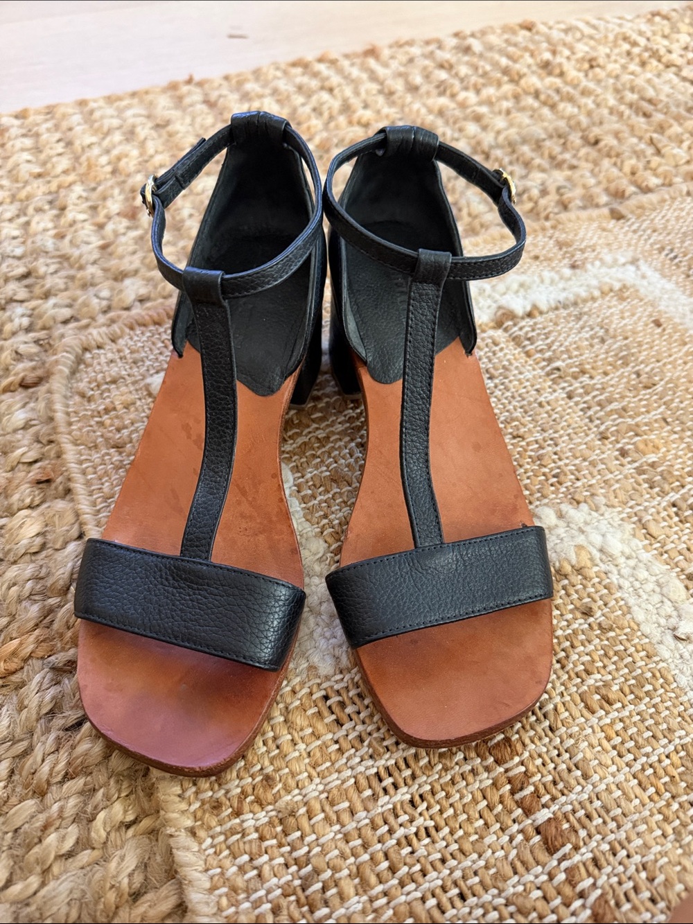 Rachel Comey Cleo Black T-Strap Leather with Block Heel Sandal